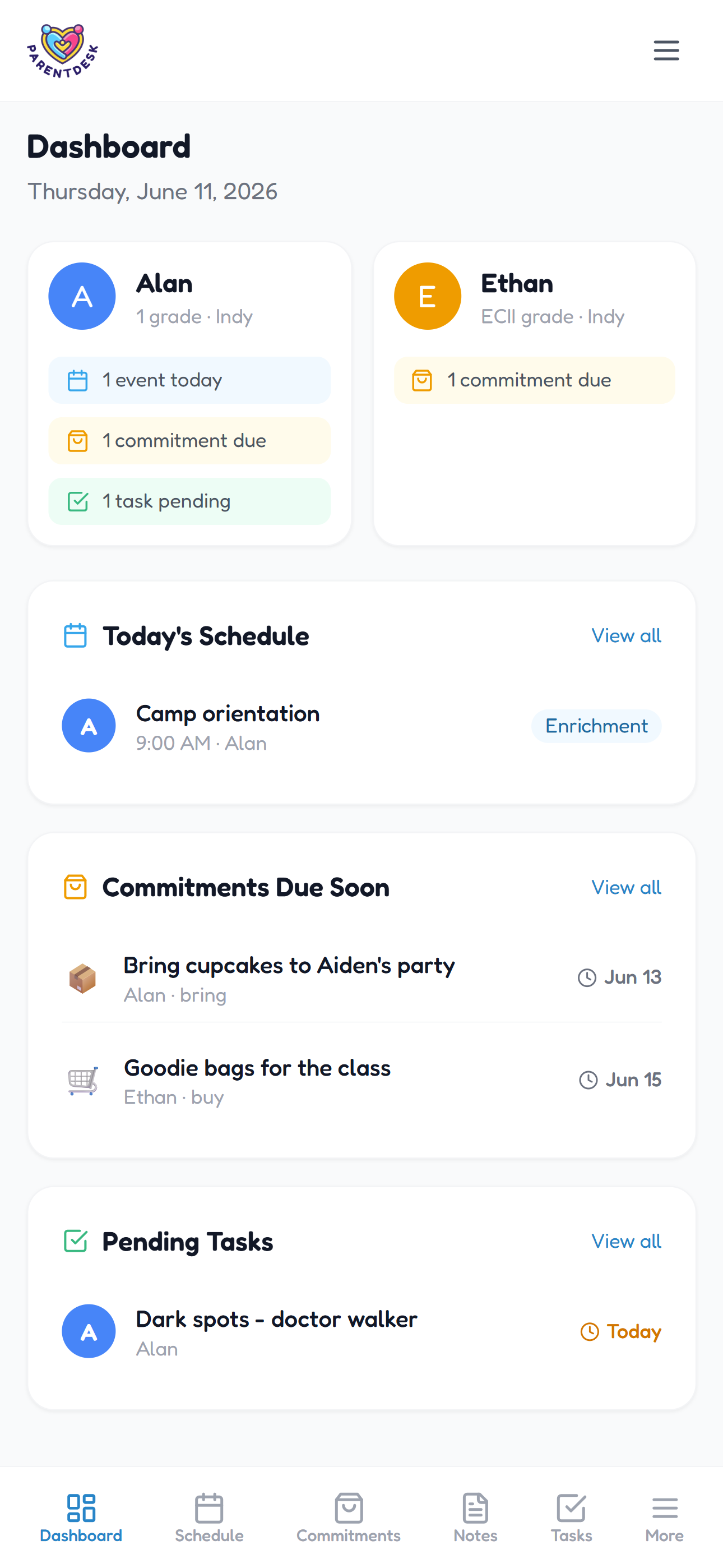 ParentDesk mobile web view
