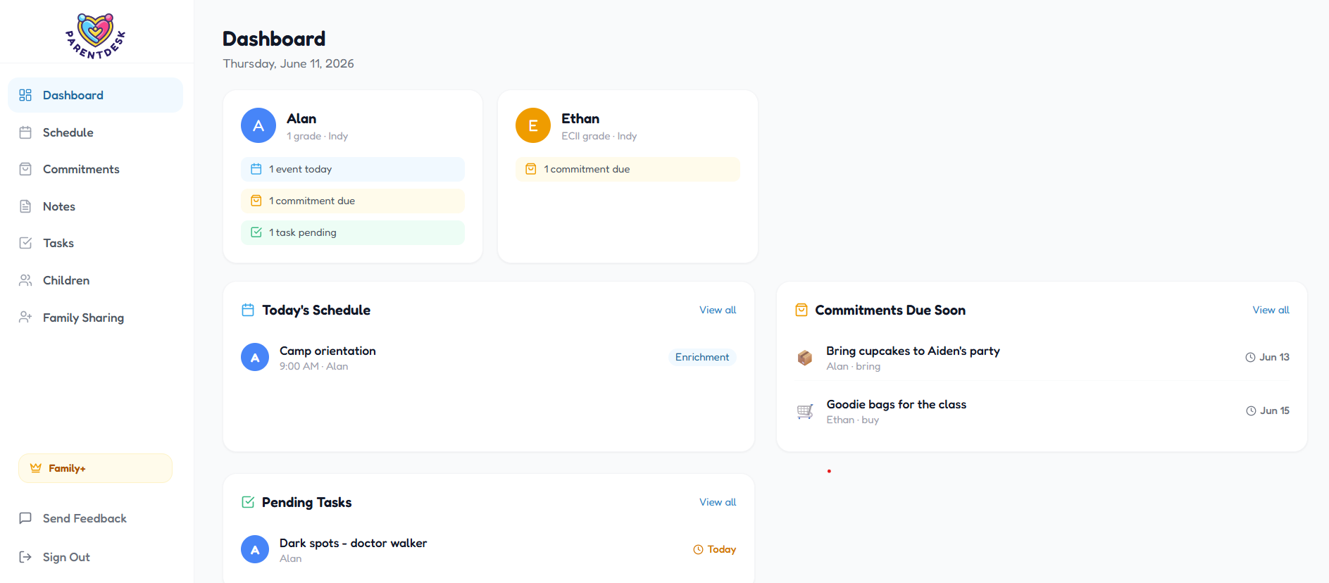 ParentDesk dashboard showing children's schedules, activities, and commitments